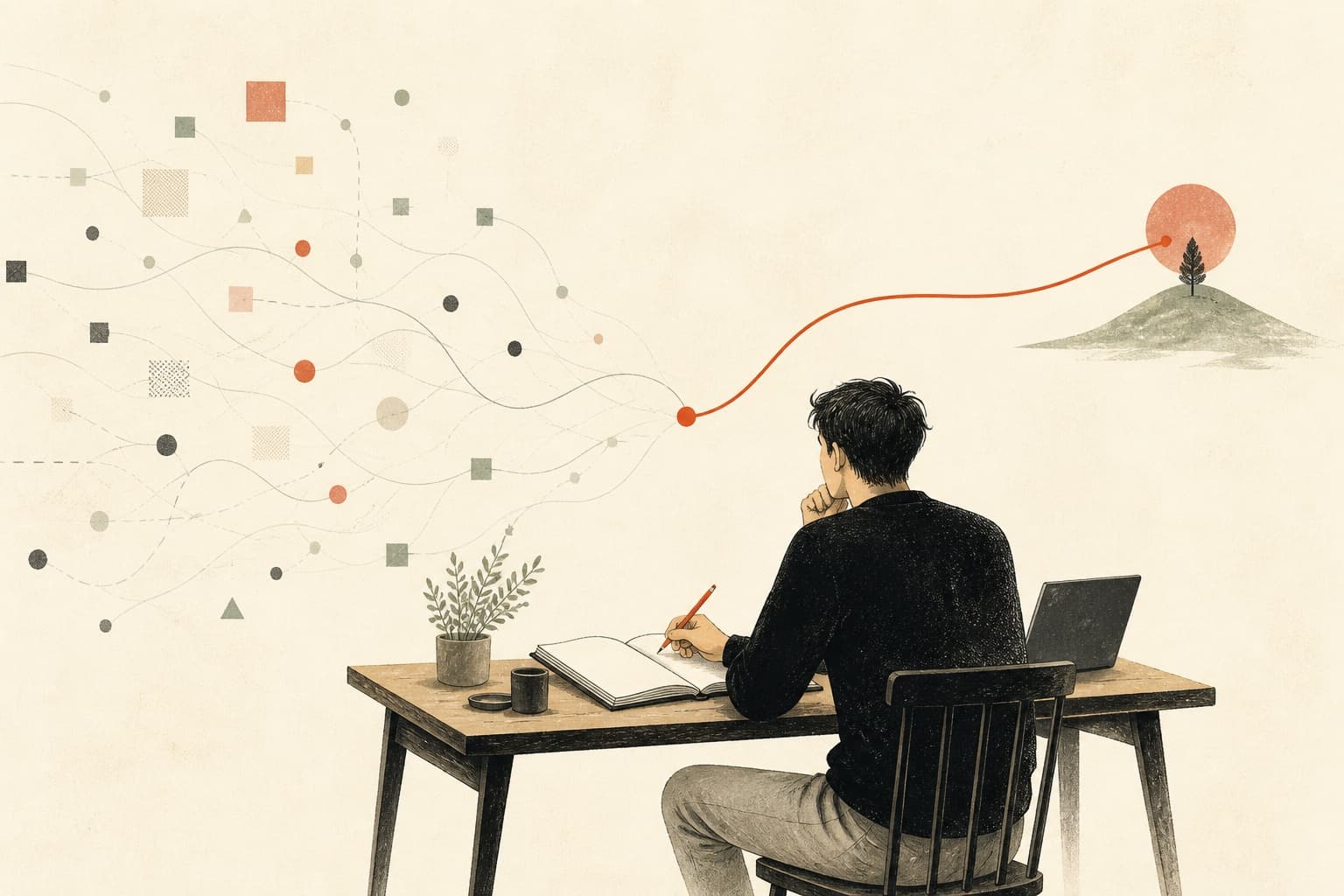 Editorial illustration of a builder choosing a single path from many abstract options