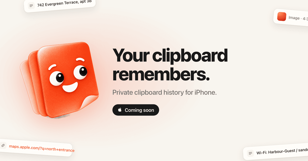 The Klypst landing page: the mascot, a friendly stack of orange cards, beside “Your clipboard remembers.” and a Coming soon button, with saved clips floating around the edges.