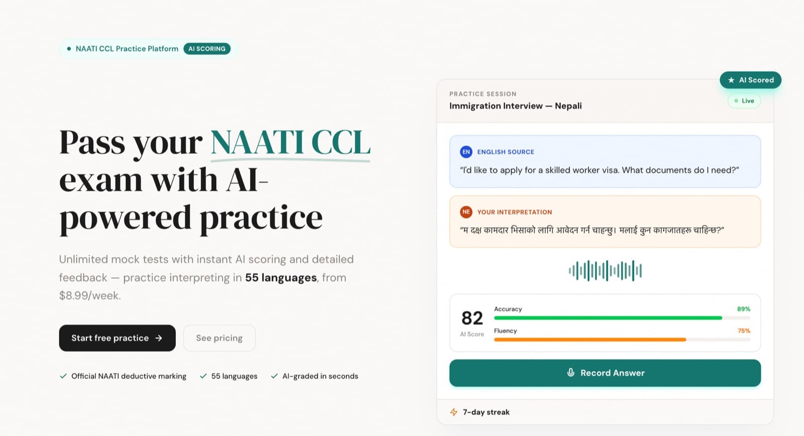 NaatiAce mock exam dashboard with AI scoring and interpretation feedback
